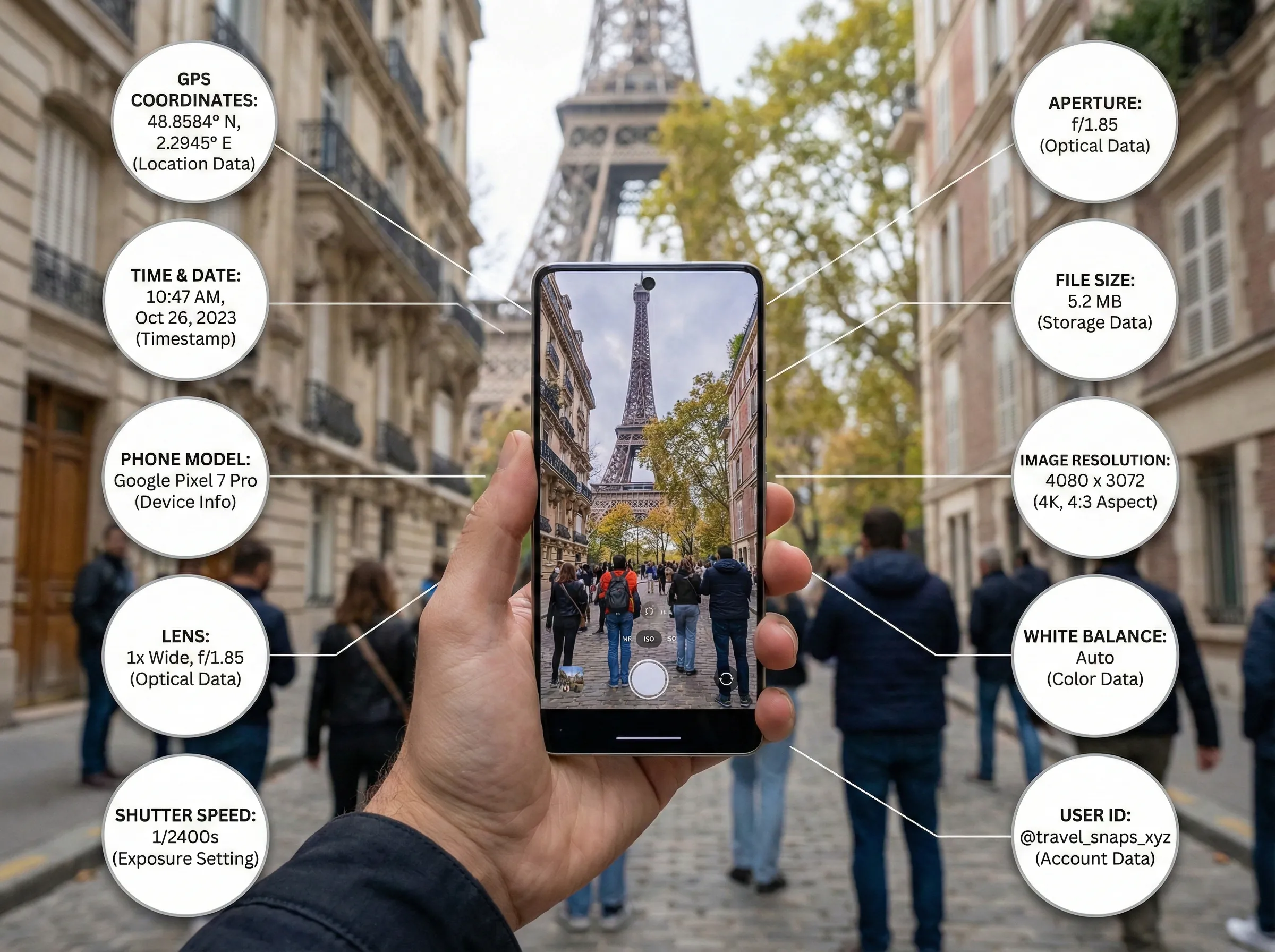 Hidden EXIF metadata being stripped from a photo