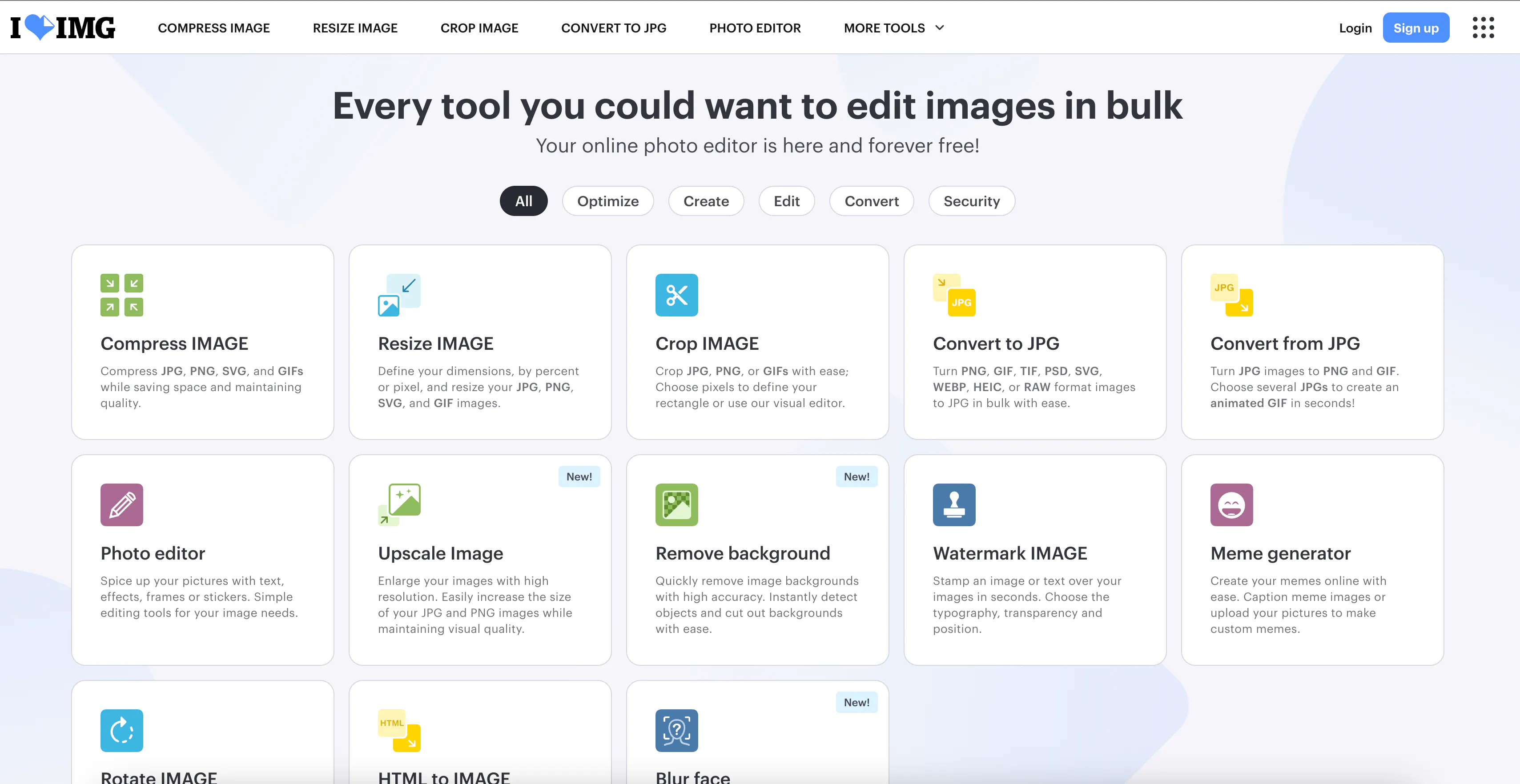 ILoveIMG interface showing multiple editing tools including compress, resize, crop
