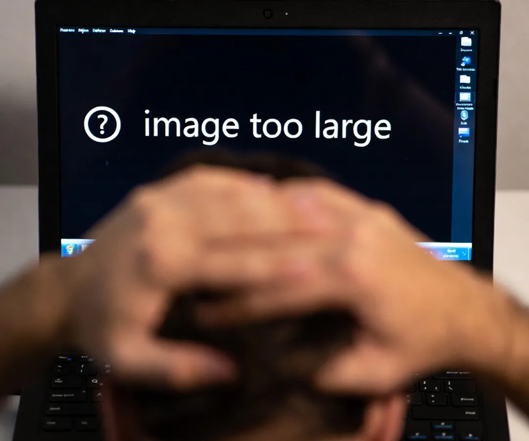 Frustrated person in front of laptop showing image too large error