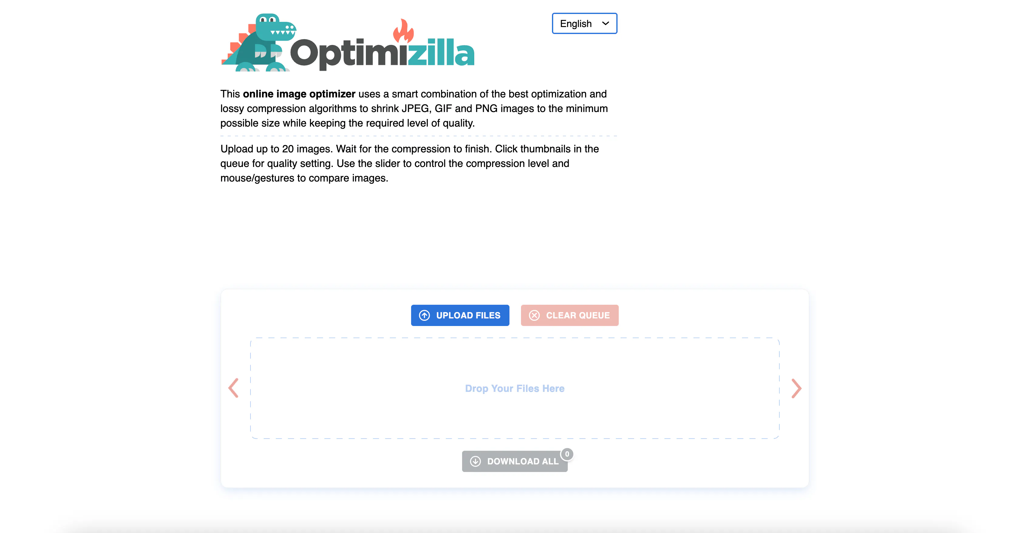 Optimizilla interface with quality slider and batch upload grid