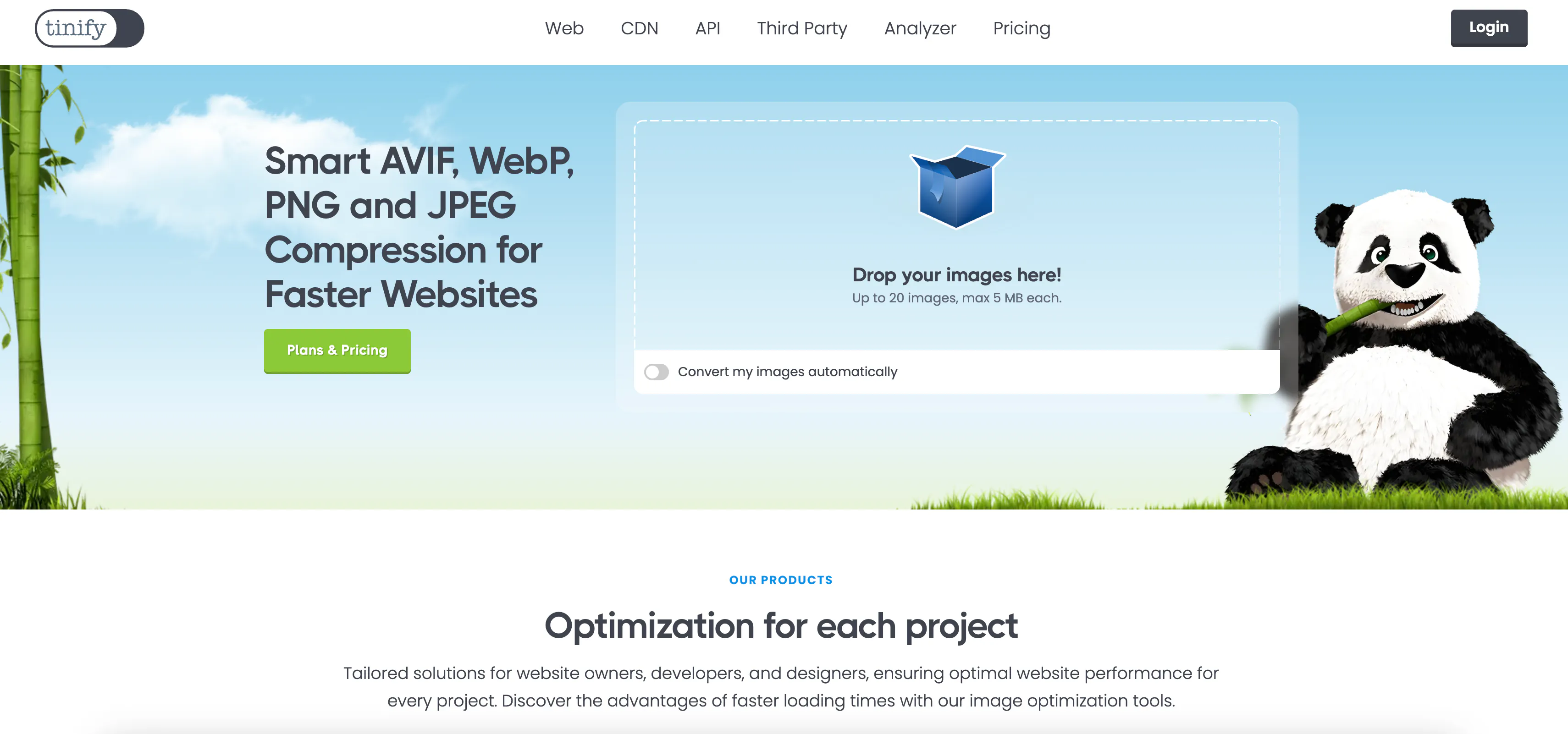 TinyPNG interface with panda mascot and drag-drop upload area